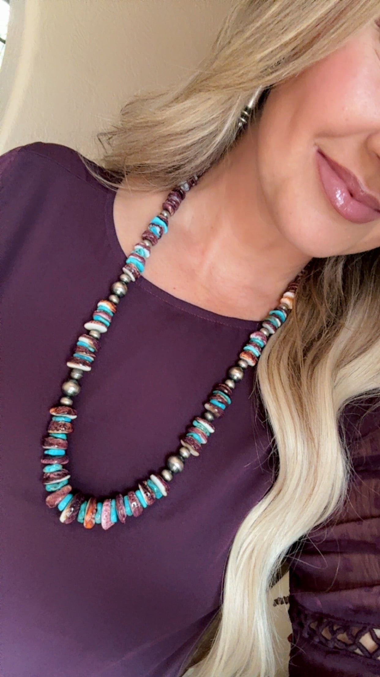 Spiny Oyster and turquoise with sterling silver Navajo style pearls necklace