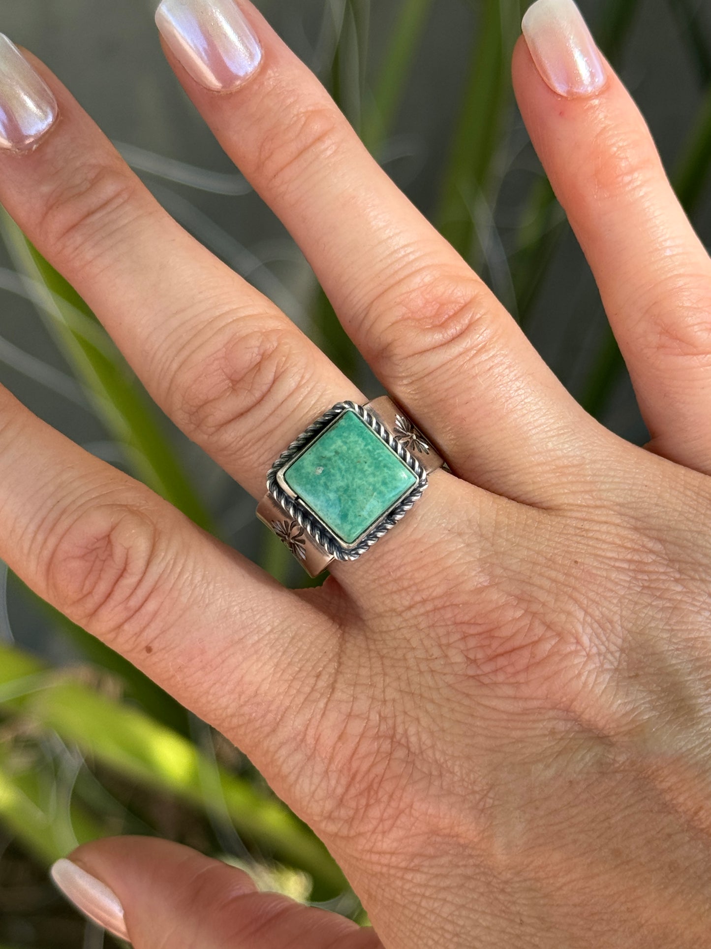 Kingman Turquoise square Sterling Silver ring with stamped band, size 11