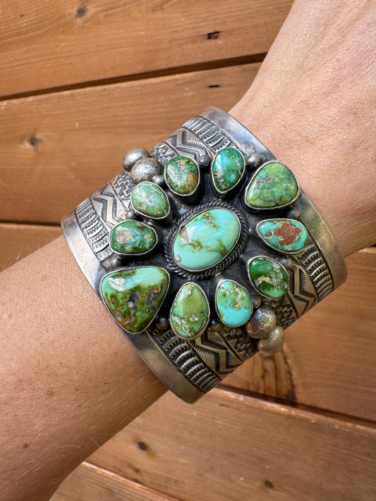 Tillie John Navajo handmade Sonoran Gold turquoise sterling silver cuff