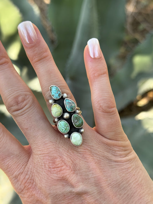 Mixed Turquoise Sterling silver ring, adjustable