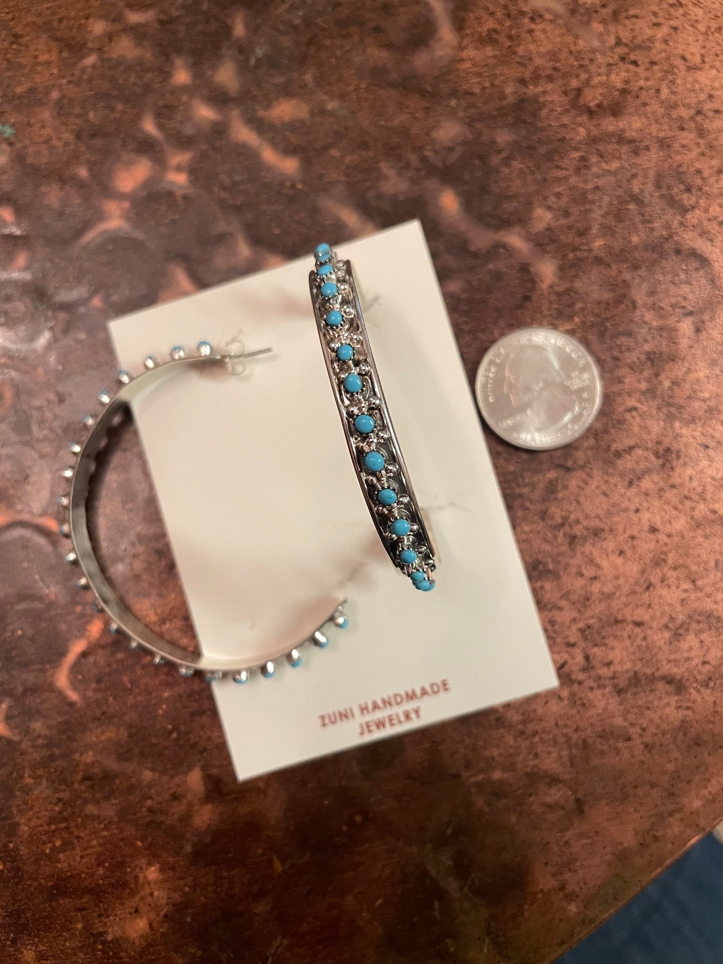 Zuni handmade Kingman turquoise hoop earrings