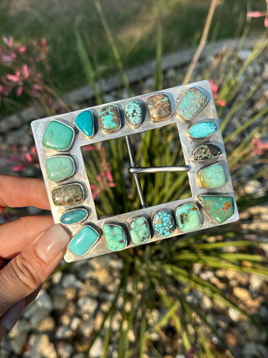 Sterling Silver square buckle with 18 turquoise stones