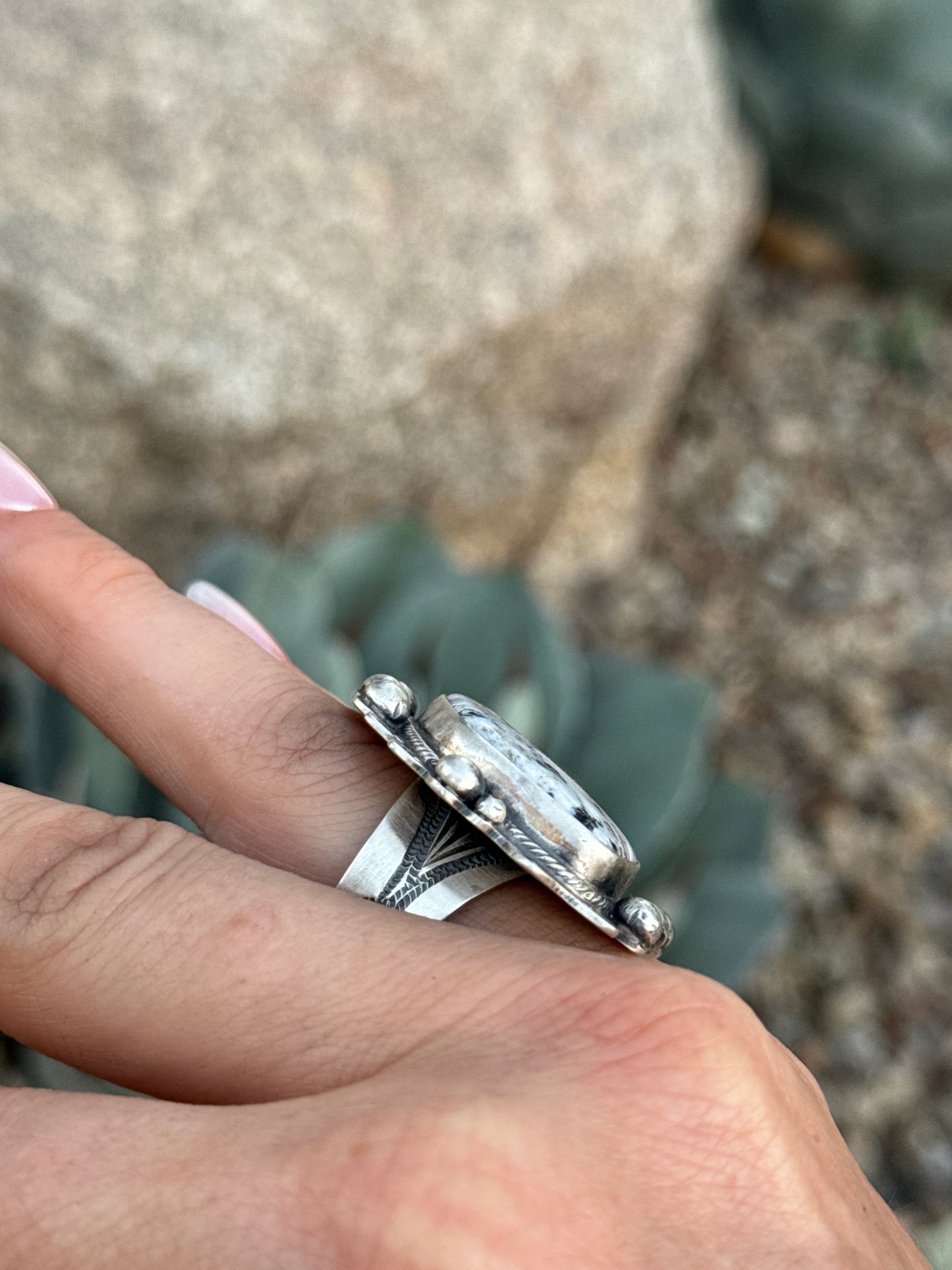 Beautiful detail White Buffalo sterling silver ring, size 8