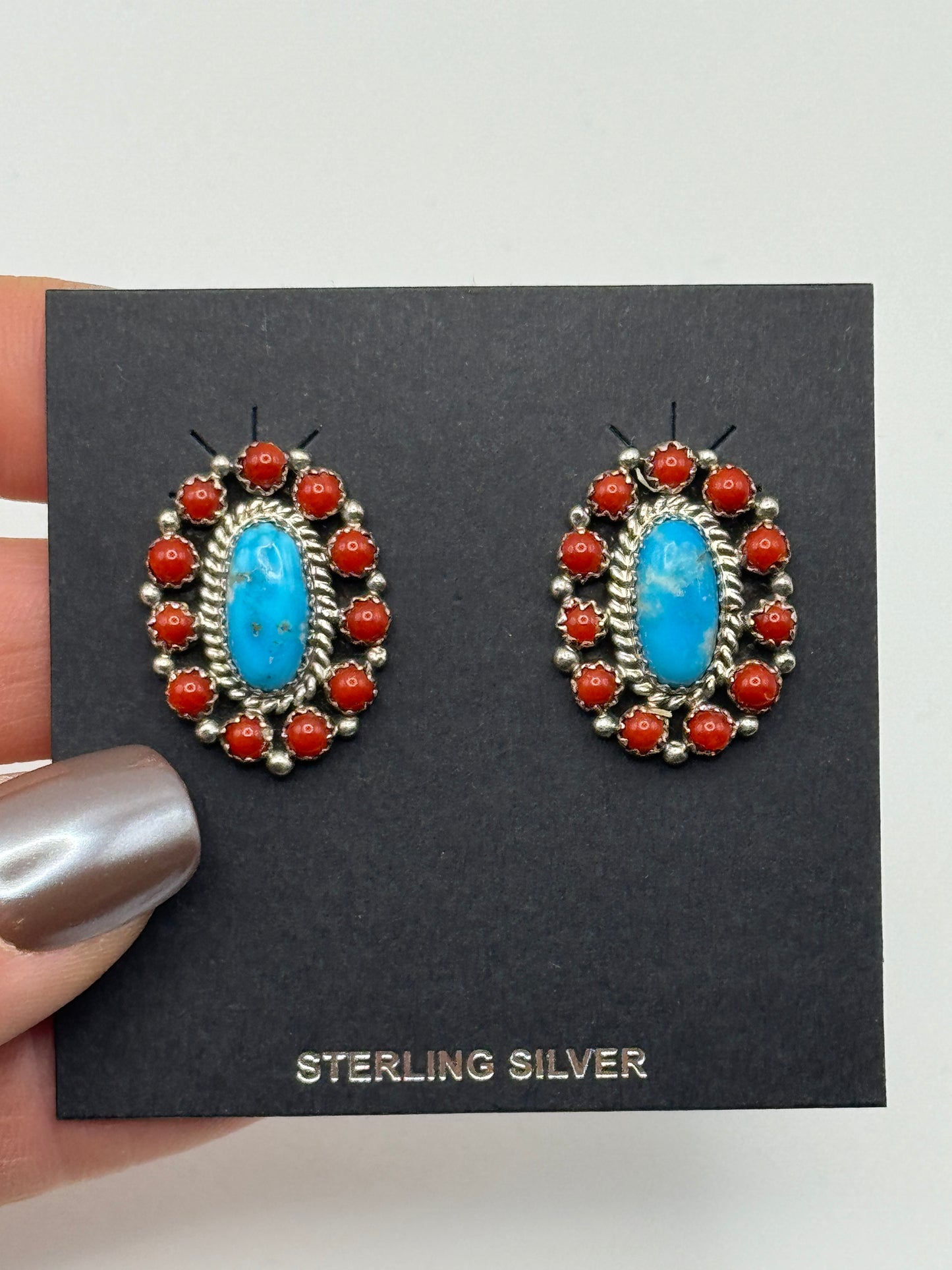 Coral and turquoise Sterling Silver oval earrings