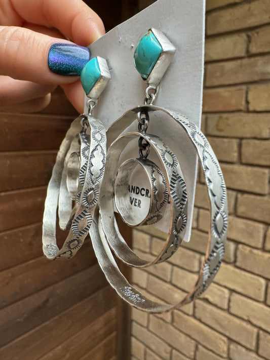 Triple hoop stamped earrings with turquoise
