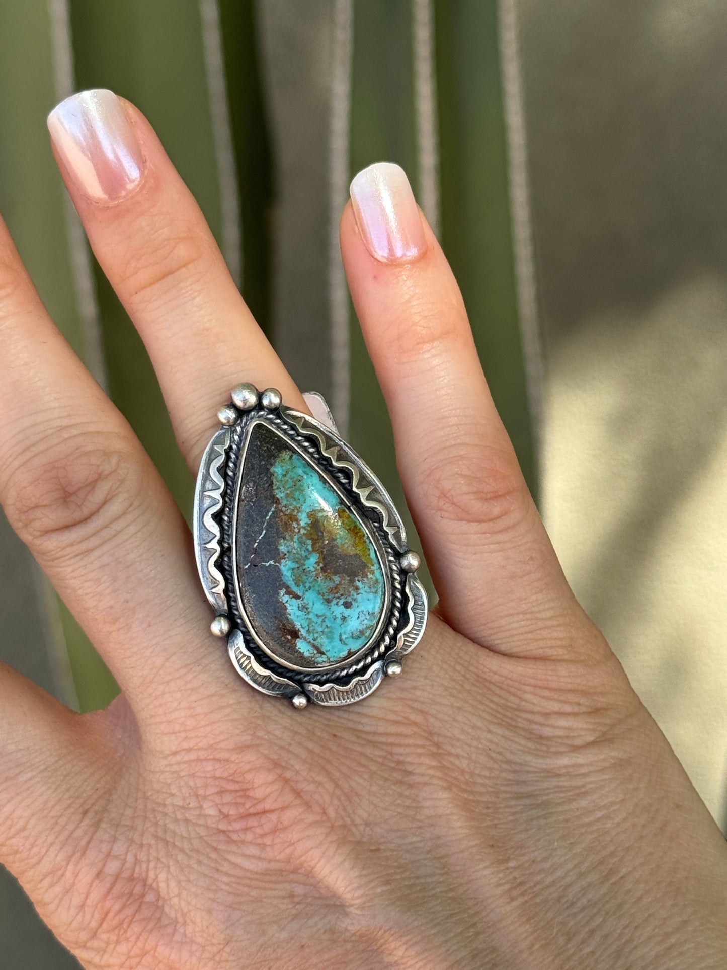 Gorgeous Blackjack turquoise Sterling Silver detailed ring, size 9