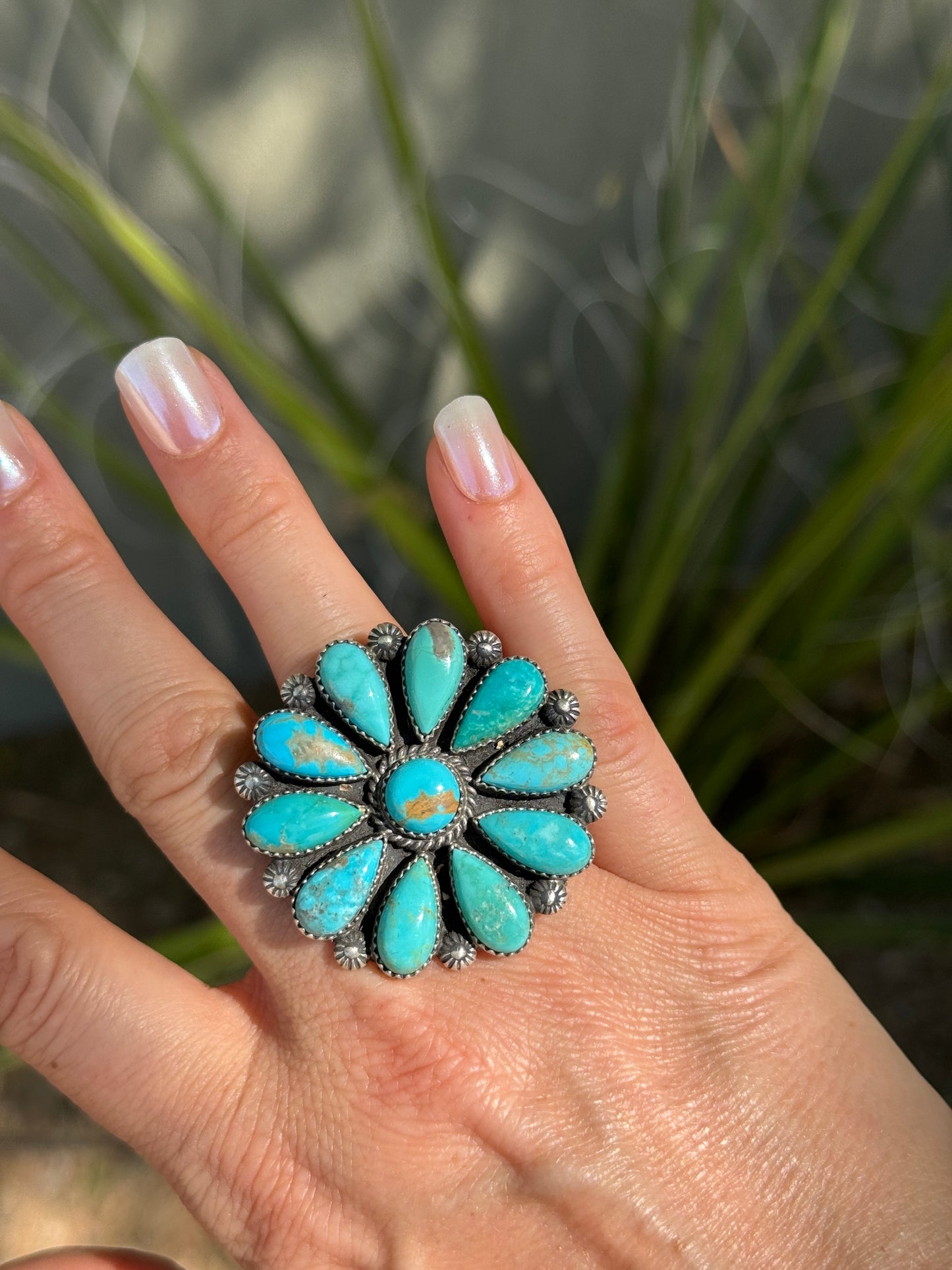 Turquoise Sterling Silver flower cluster ring, adjustable