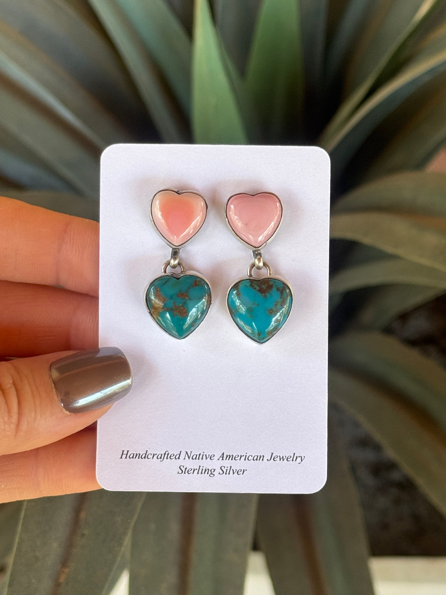 Marcella James Sterling silver pink conch and turquoise hearts earrings