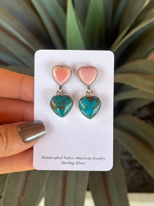 Marcella James Sterling silver pink conch and turquoise hearts earrings