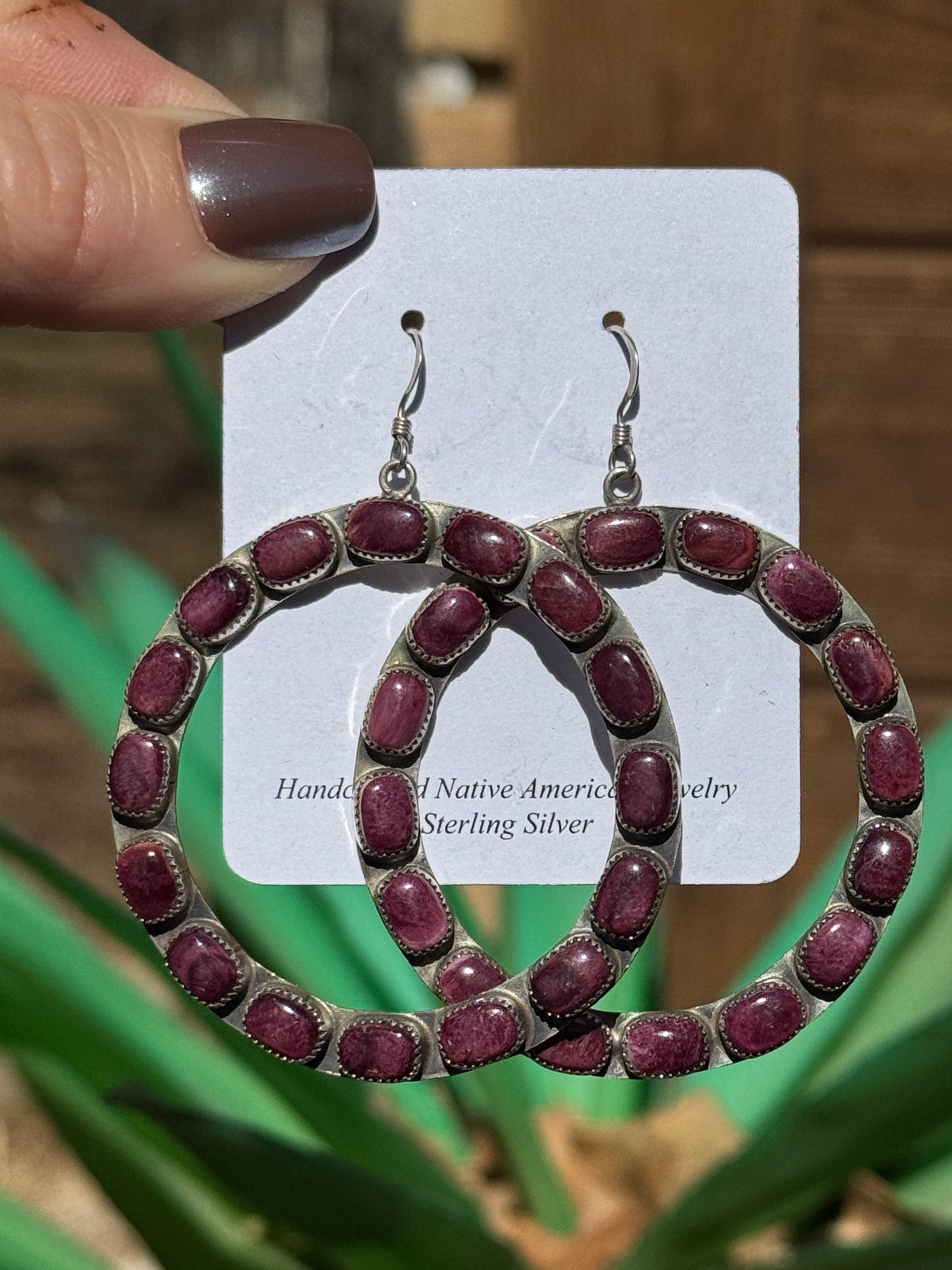 Purple Spiny sterling silver circle dangle earrings