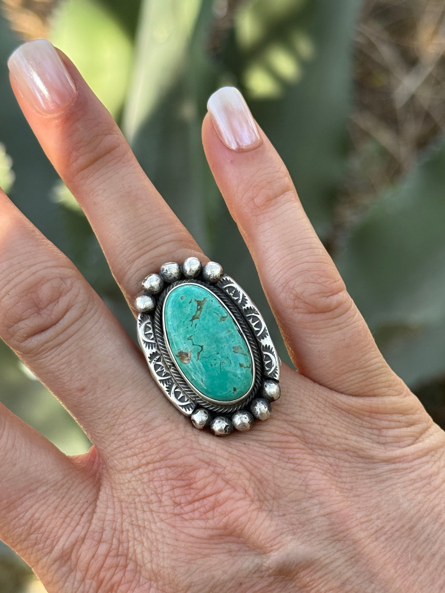 Turquoise ring with stamped Sterling silver, adjustable