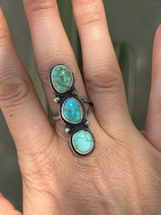 Lone Mountain Turquoise three stone sterling silver ring, adjustable