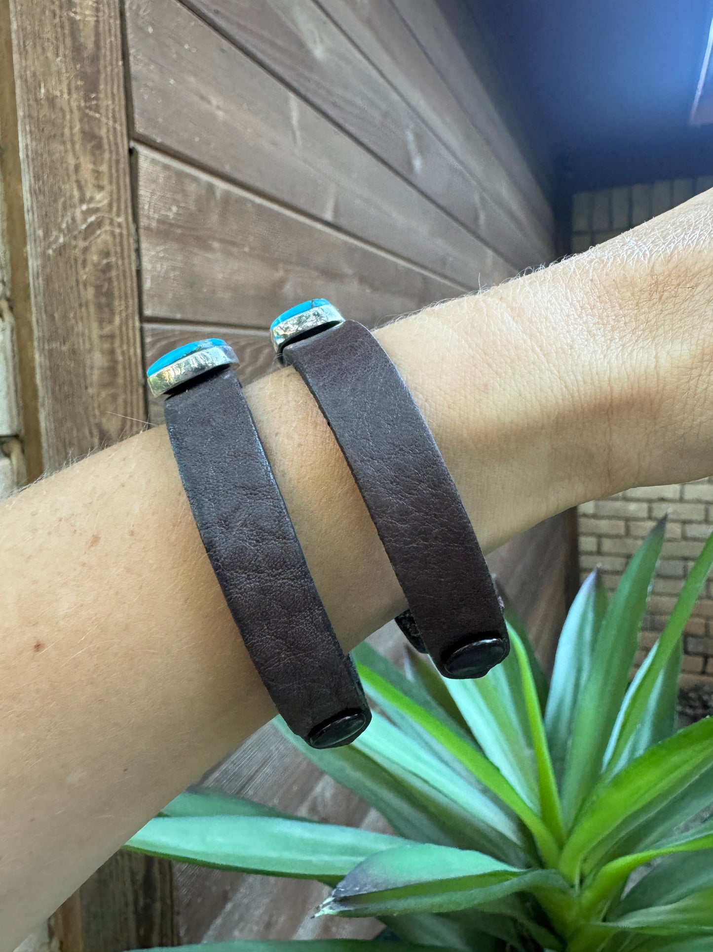 Kingman Turquoise and Leather Bracelet by Que Chula