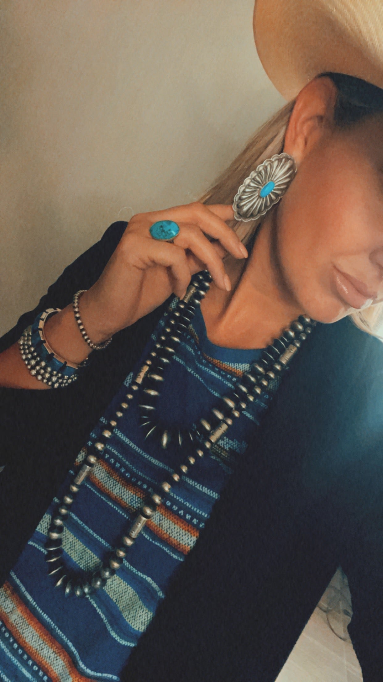 Rita Lee Sterling Silver concho long oval turquoise earrings
