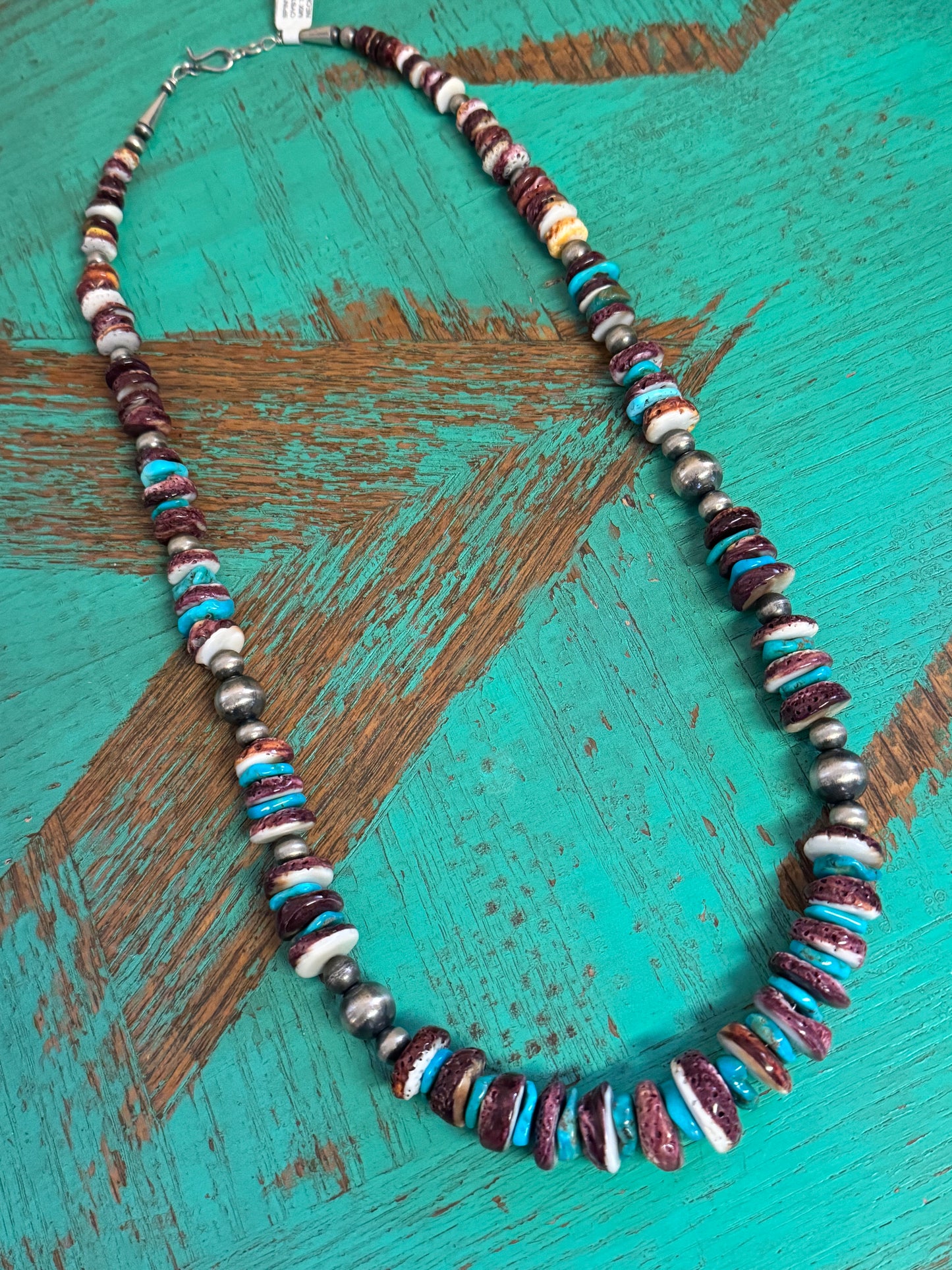 Spiny Oyster and turquoise with sterling silver Navajo style pearls necklace