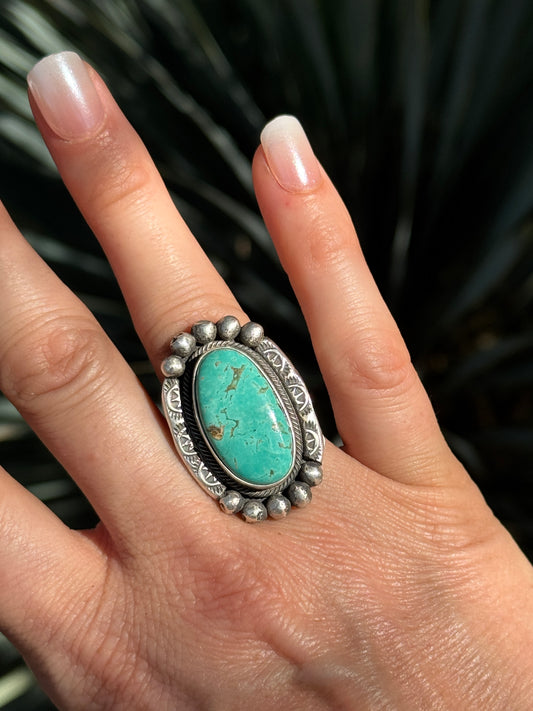 Turquoise ring with stamped Sterling silver, adjustable