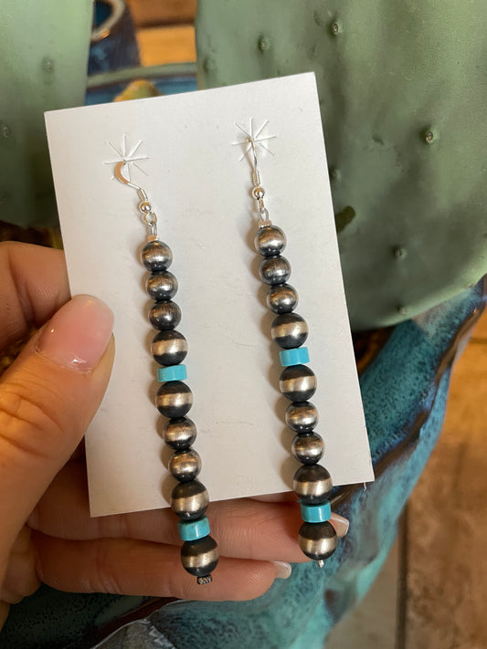 Navajo pearl and turquoise long earrings