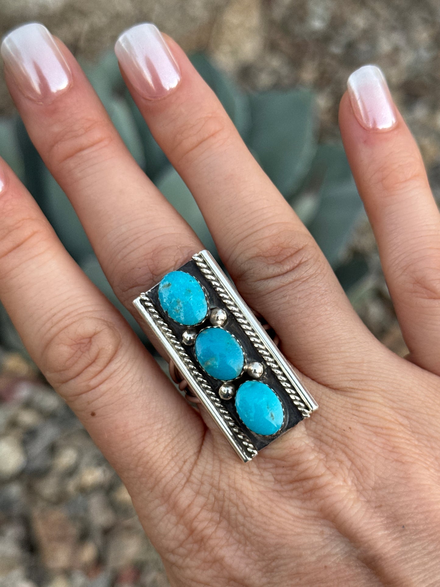 Turquoise 3 stone Sterling Silver ring, Size 9