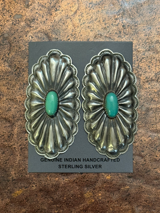 Sterling silver large oval concho-style earrings with turquoise