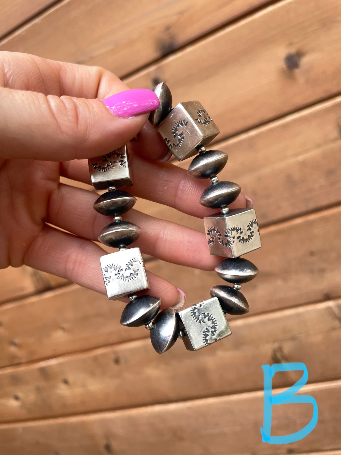 Navajo pearls and stamped cubes stretchy bracelets