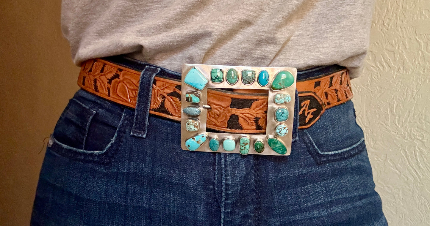 Sterling silver square buckle with 18 turquoise stones