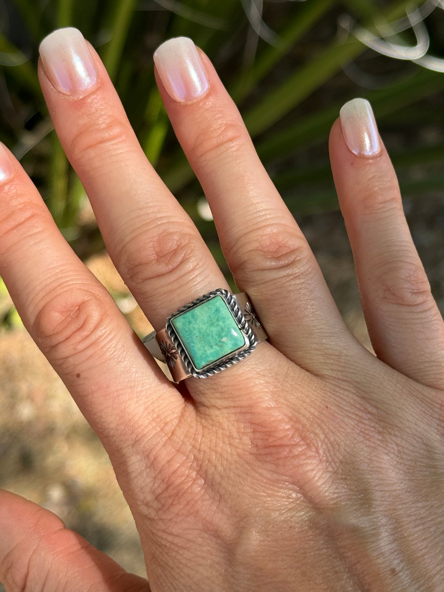 Kingman Turquoise square Sterling Silver ring with stamped band, size 11