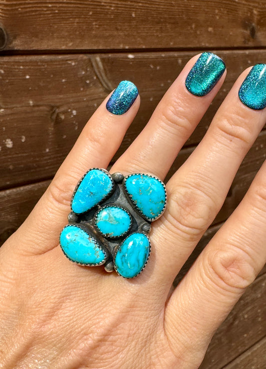 Tia Long Navajo handmade Kingman Turquoise 5 stone ring