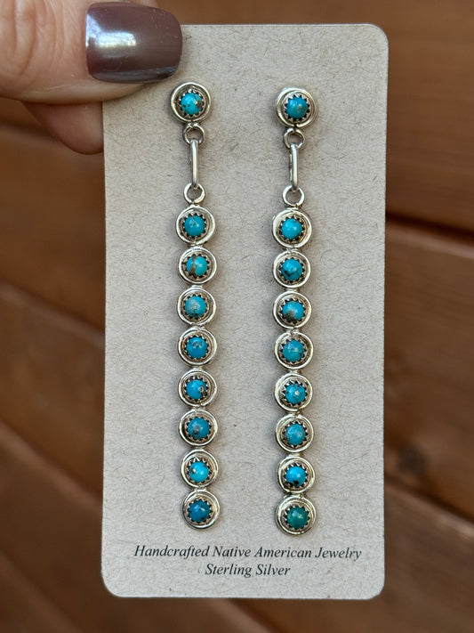Zuni Snake eye long Sterling Silver turquoise dangle earrings