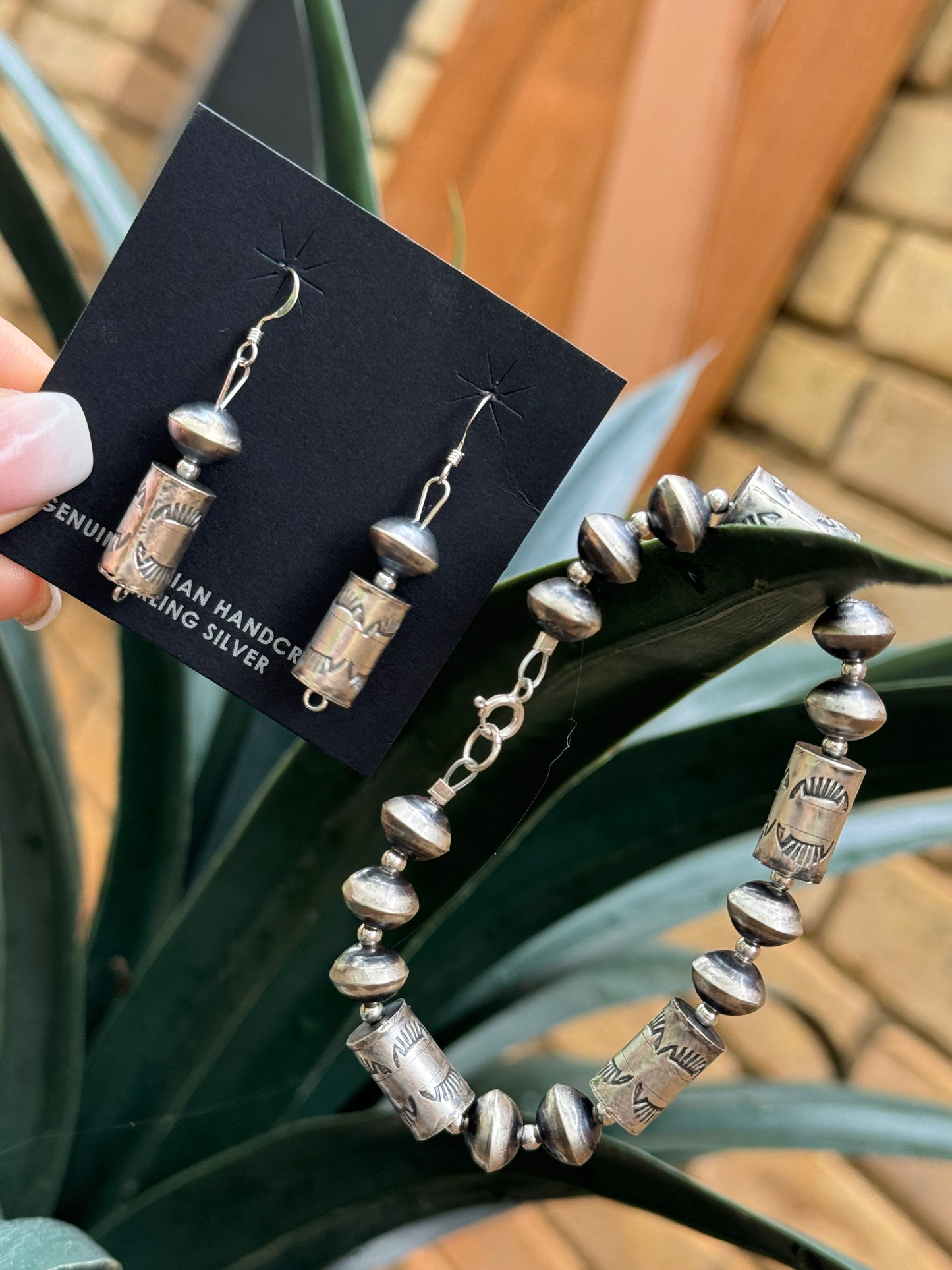 Stamped Navajo pearl earrings and bracelet set