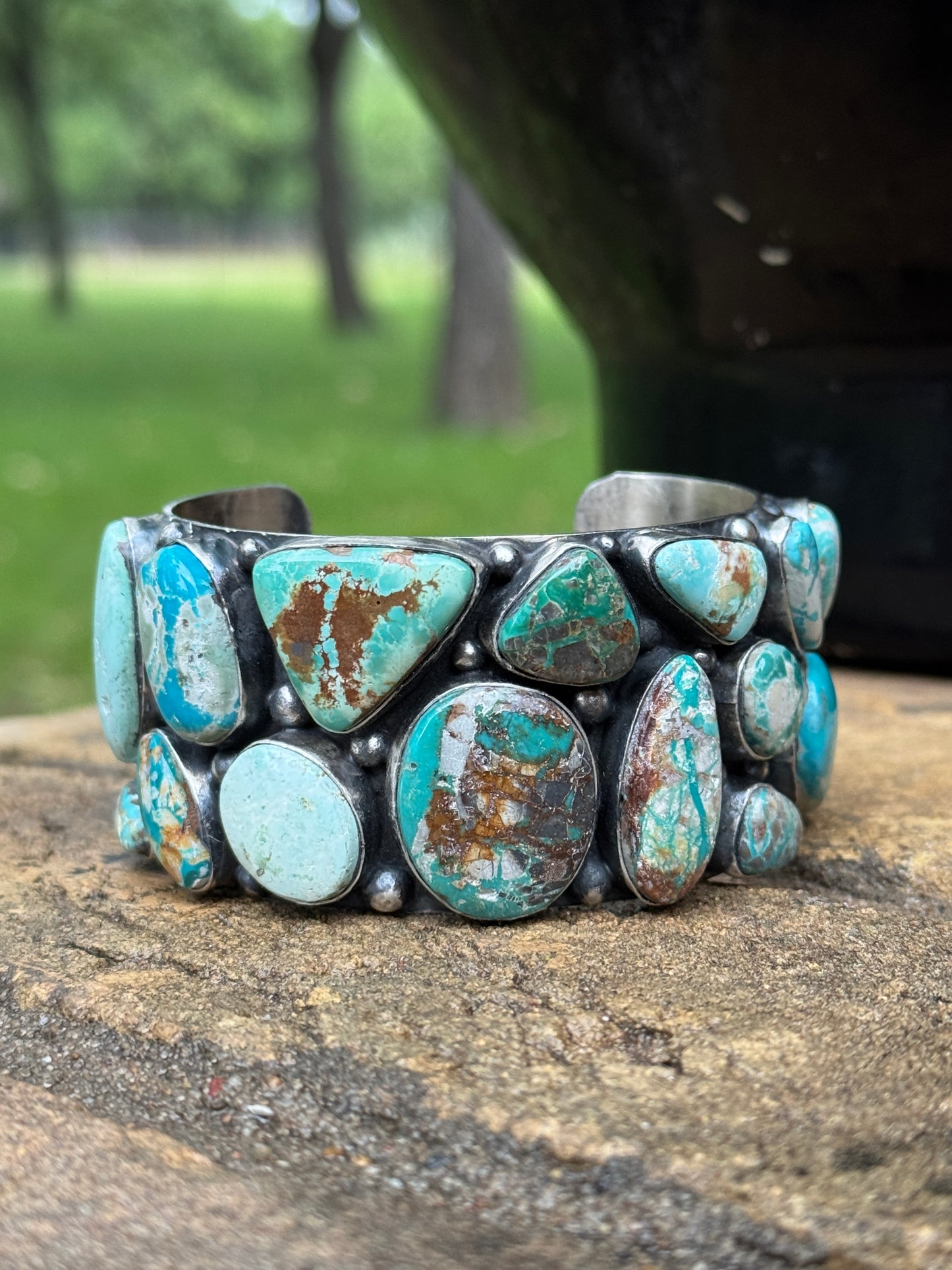 A Spencer mixed turquoise Sterling silver cuff