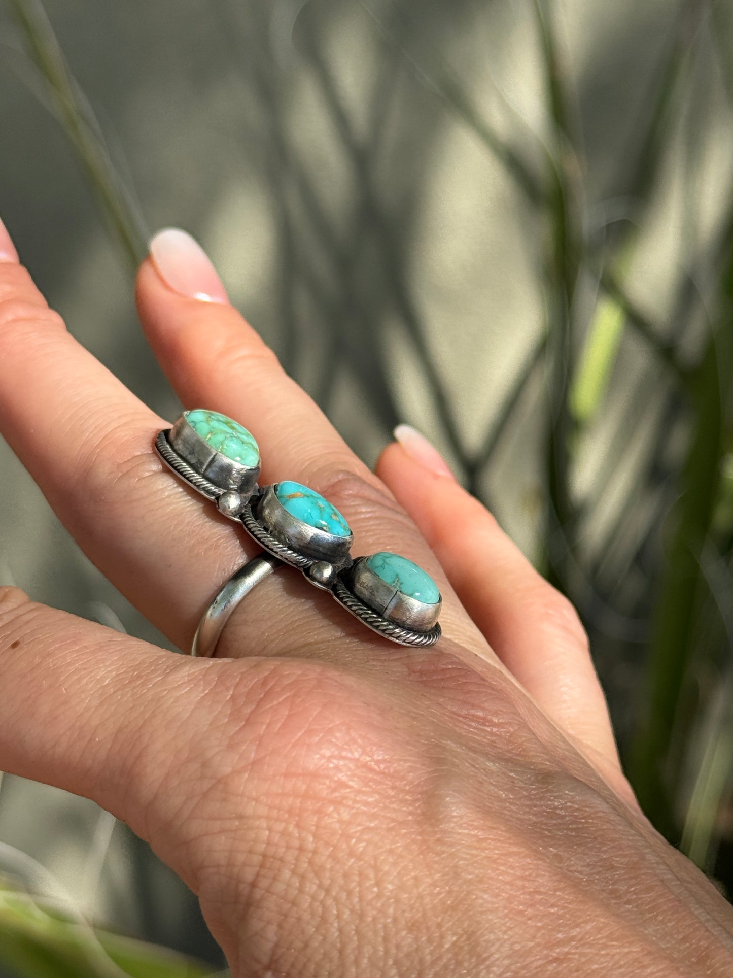 Lone Mountain Turquoise three stone sterling silver ring, adjustable