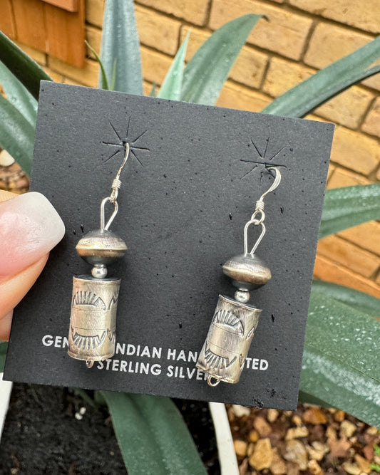 Stamped Navajo pearl and barrel earrings