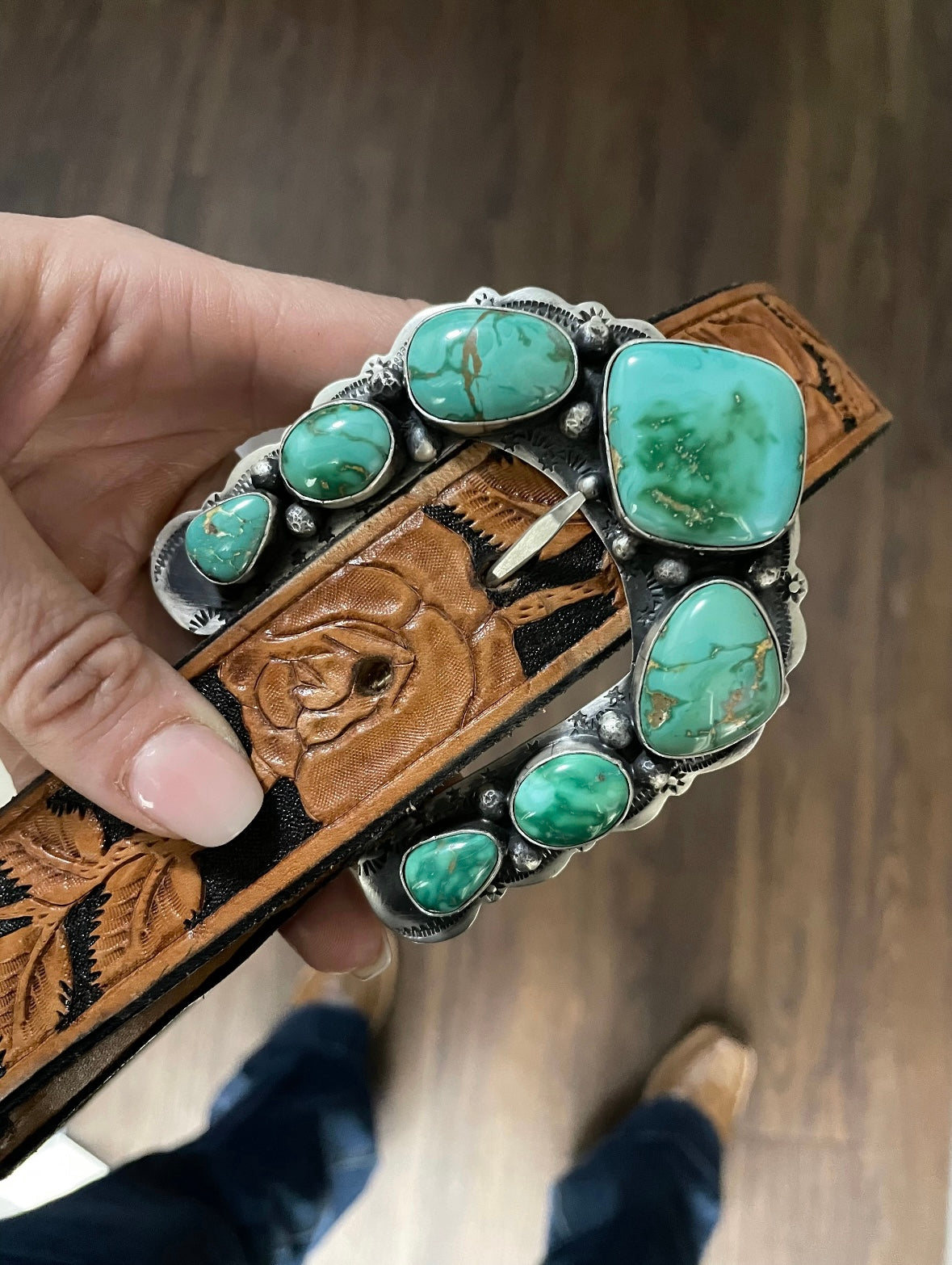 Turquoise Sterling Silver Buckle by Navajo artist Emer Thompson