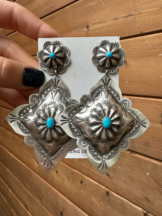 Statement 4” stamped sterling and turquoise earrings
