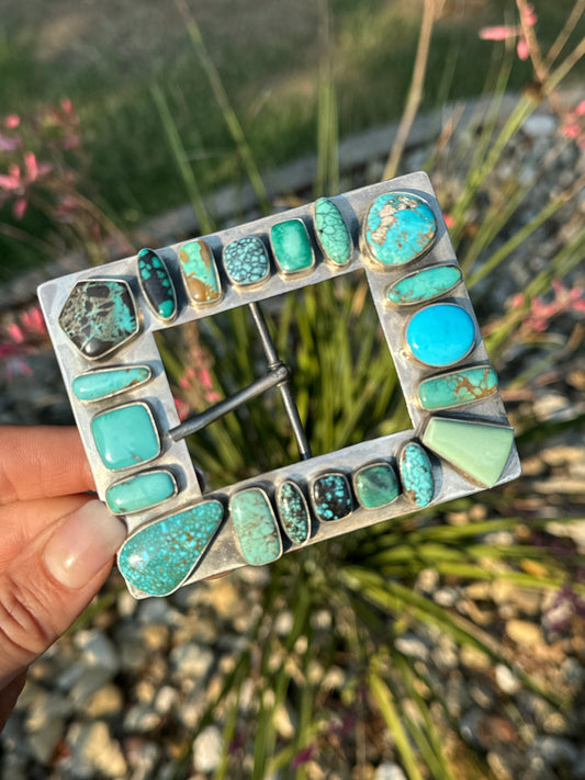 Sterling Silver square buckle with 20 turquoise stones