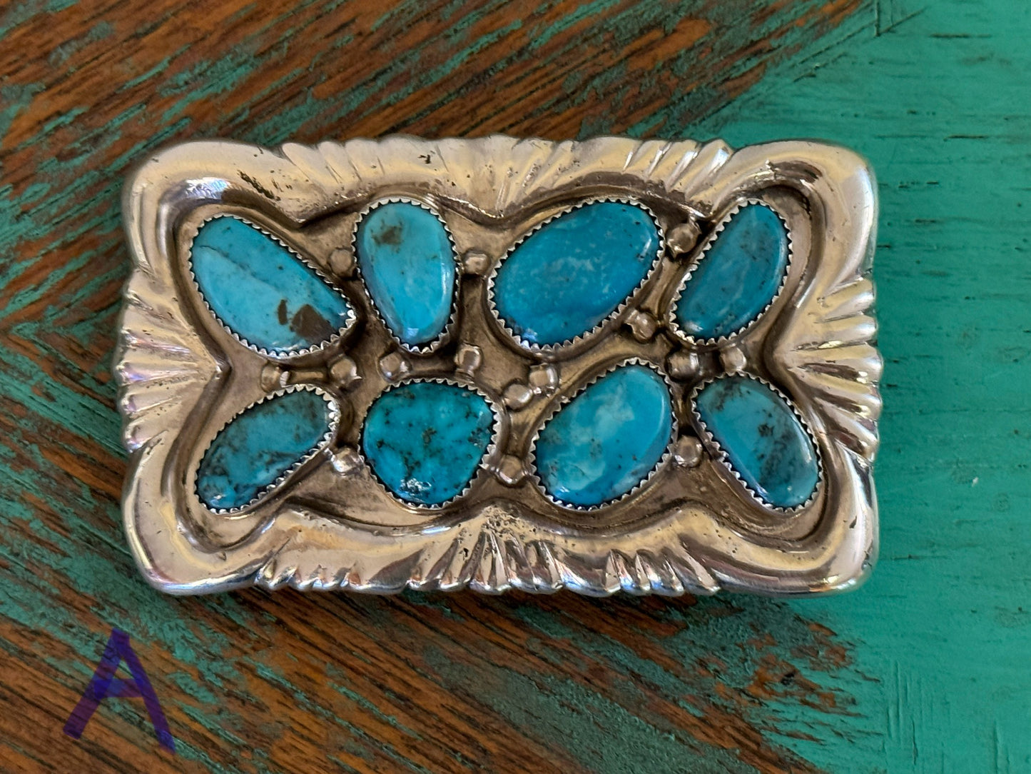 Sterling silver buckle with 8 large turquoise stones