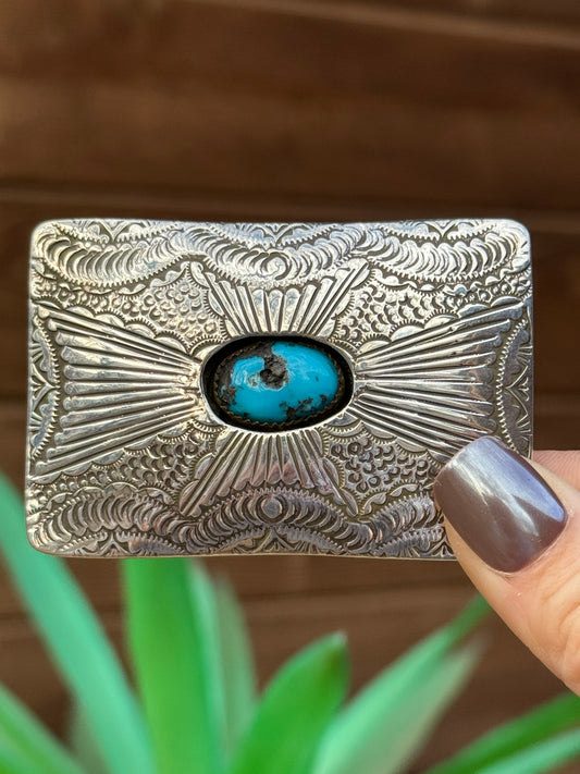 Turquoise Sterling Silver stamped pillow style buckle