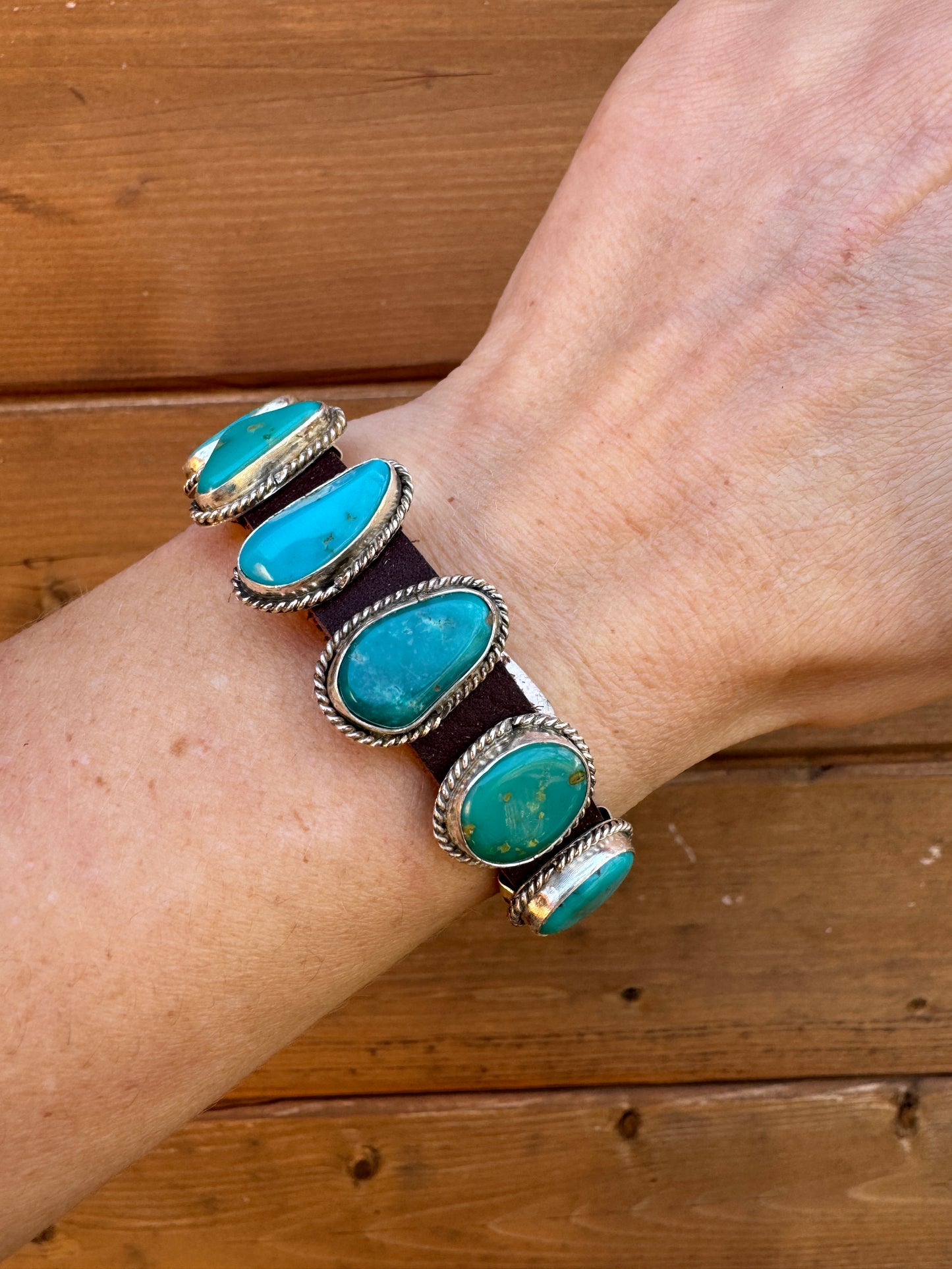 Navajo 7 stone turquoise leather bracelet