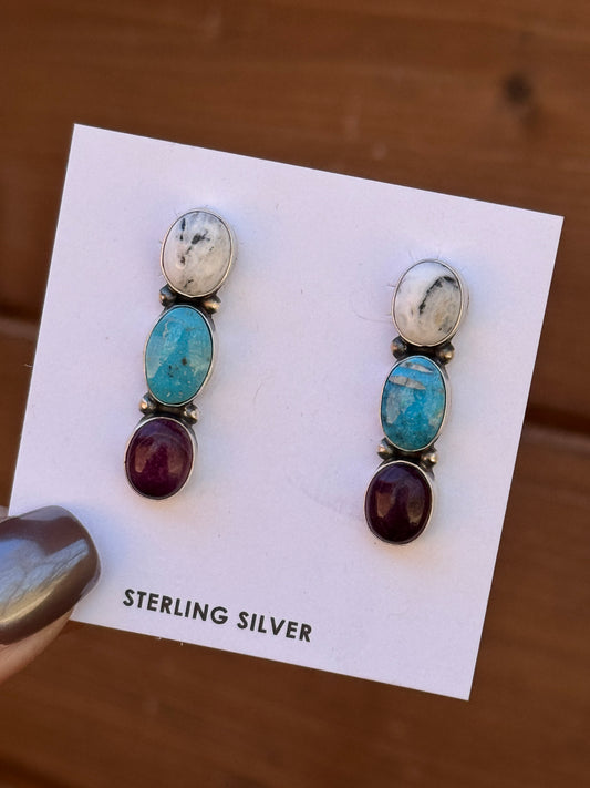 White Buffalo, Kingman Turquoise and Purple Spiny oyster earrings