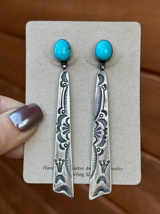 Long Turquoise with sterling silver stamped earrings