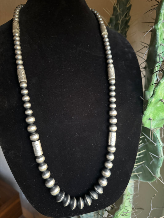 Sterling silver hand stung Navajo style pearl and mix beads 36” necklace