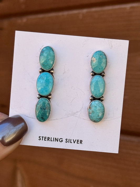 White Water Turquoise 3 stone Sterling Silver earrings