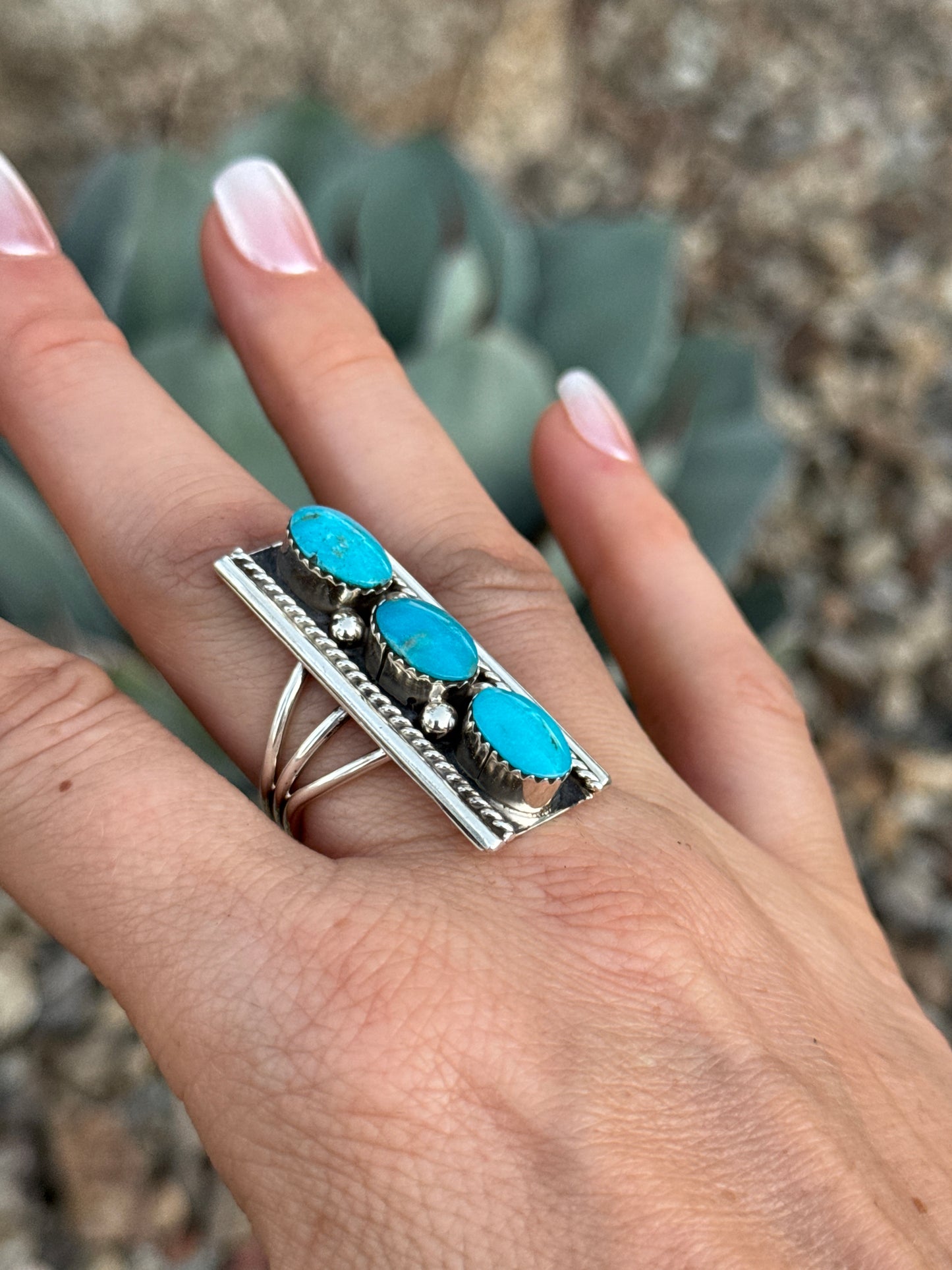 Turquoise 3 stone Sterling Silver ring, Size 9