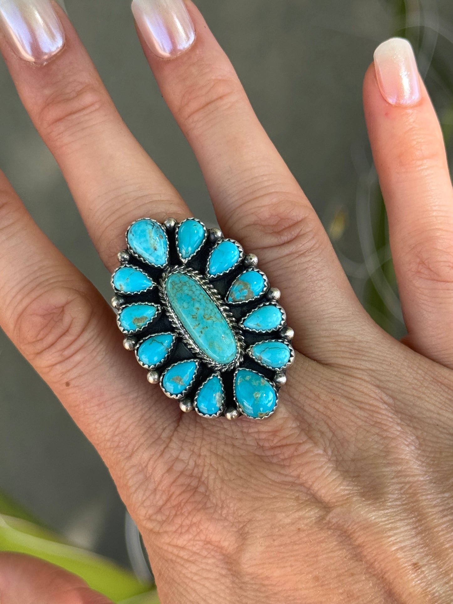 Turquoise Sterling Silver cluster ring, adjustable