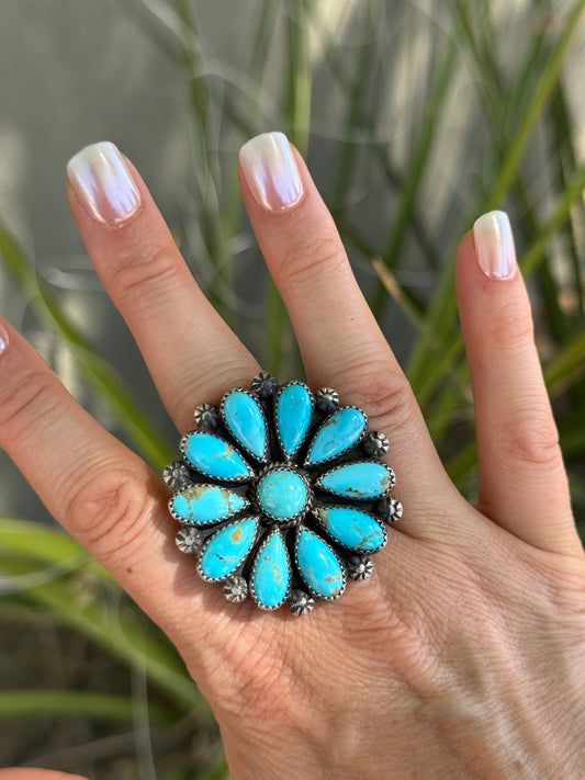 Turquoise Sterling Silver flower cluster ring, adjustable