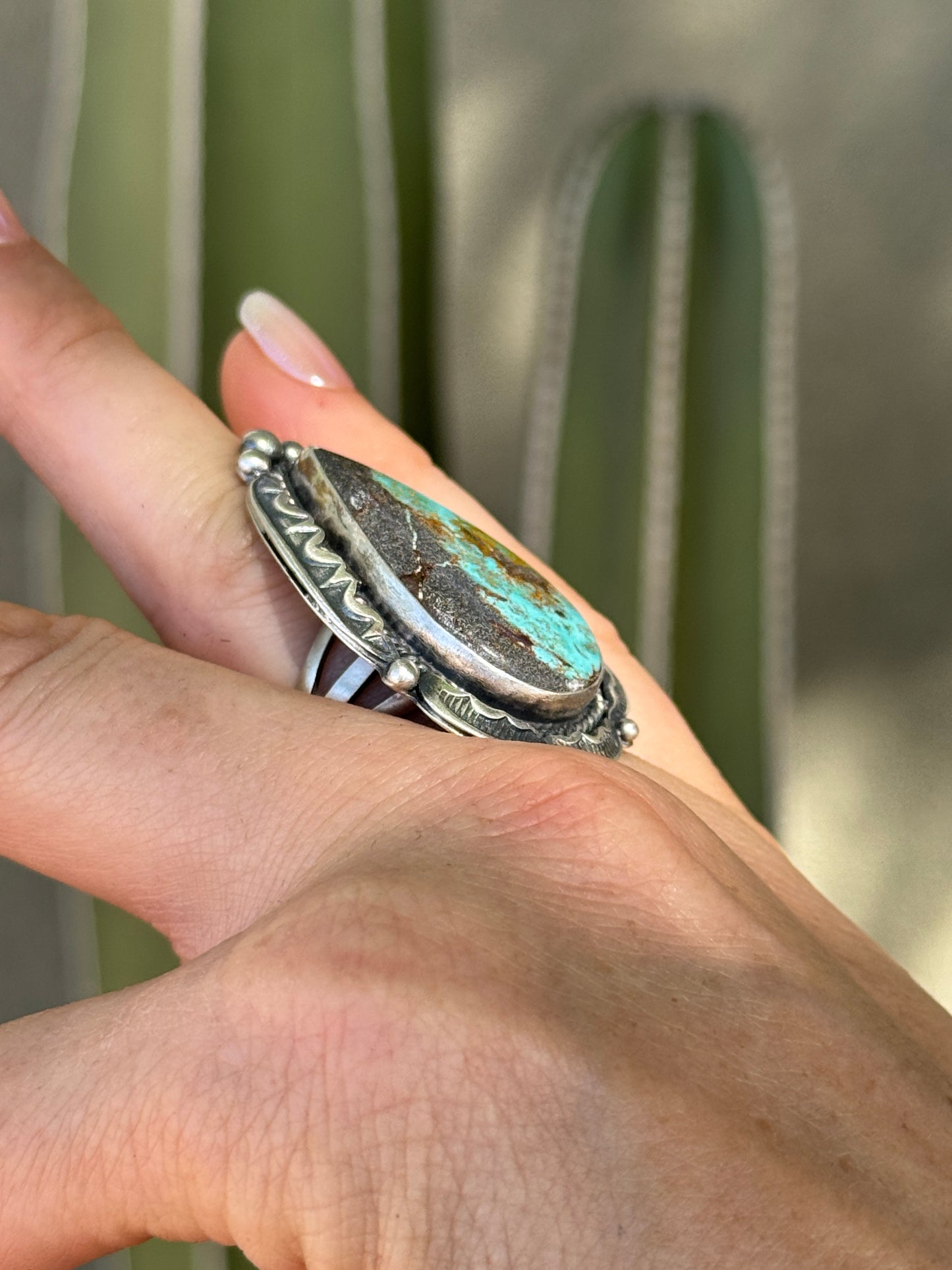 Gorgeous Blackjack turquoise Sterling Silver detailed ring, size 9