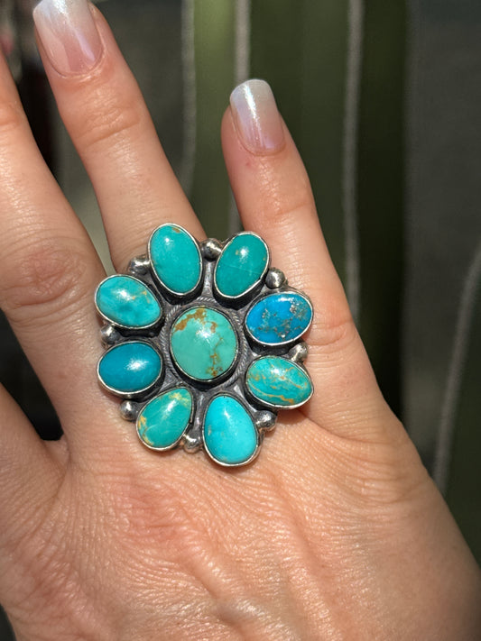 Gorgeous Kingman Turquoise cluster ring, adjustable