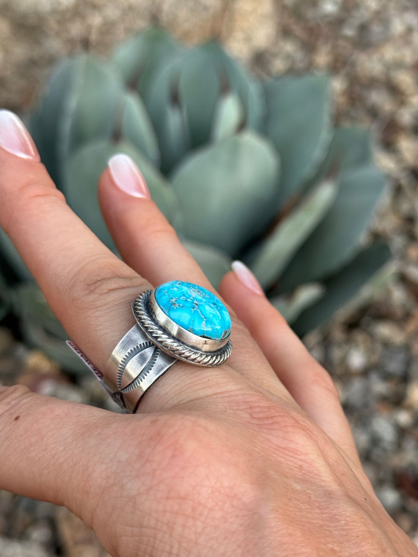 White Water Turquoise Sterling silver round stamped band ring, size 9.5