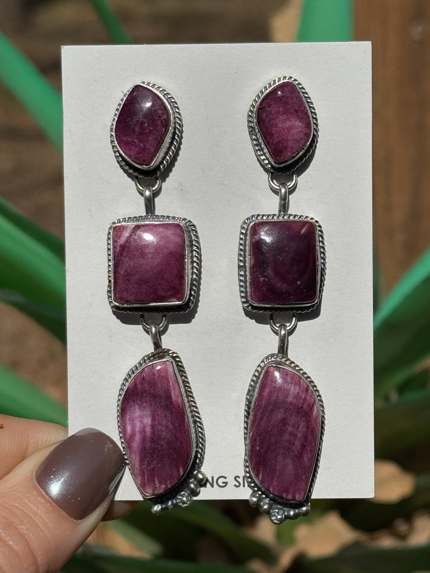 Purple spiny oyster long dangle earrings