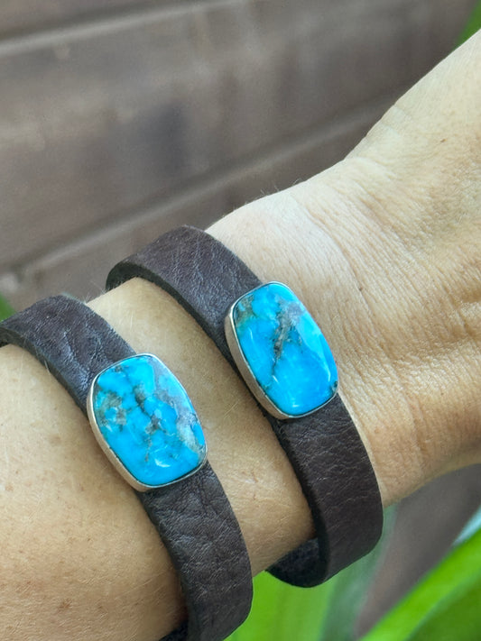 Kingman Turquoise and Leather Bracelet by Que Chula